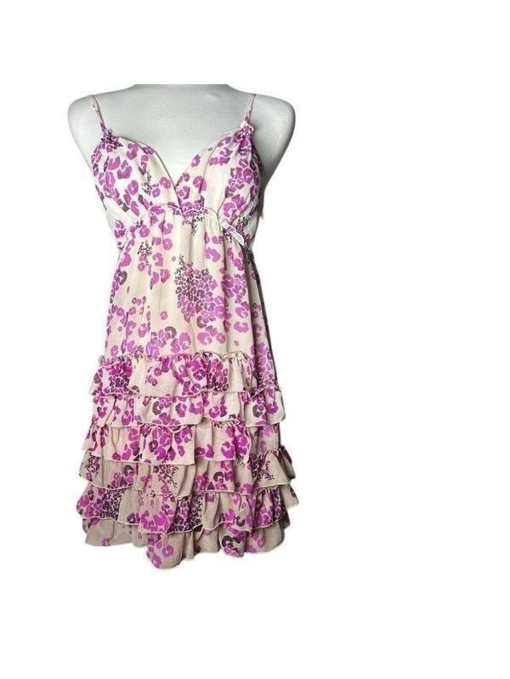 Y2K Bebe Empire Waist pink floral leopard chiffon ruffle slip Cami Mini dress S